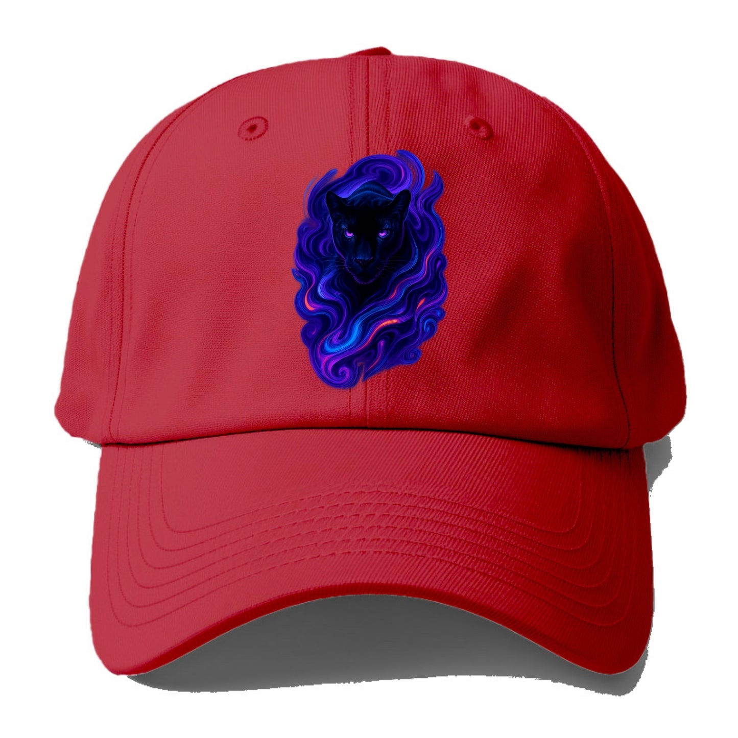 Sleek black panther emerging from swirls of deep purple and electric blue, - Baseball Cap - Red