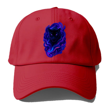 Sleek black panther emerging from swirls of deep purple and electric blue, - Baseball Cap - Red