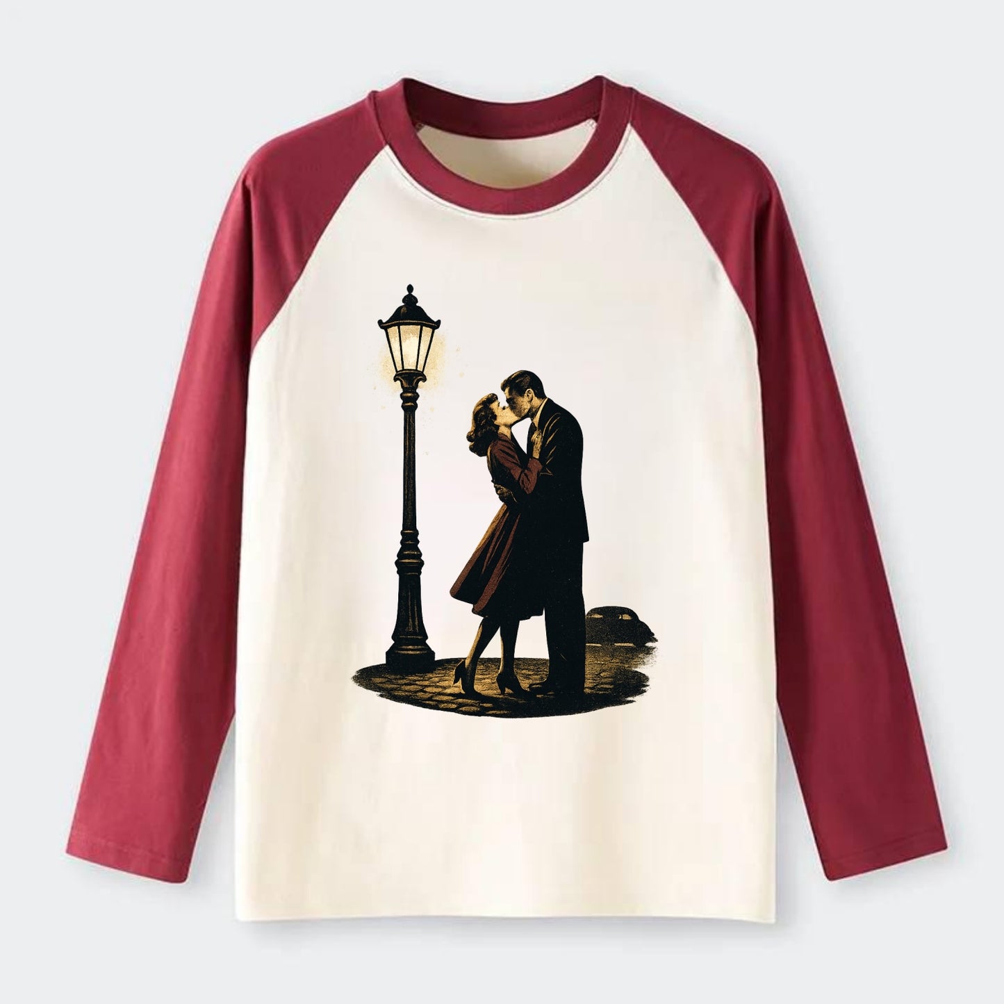 first kiss under vintage street lamp on cobblestone at night - Raglan Long Sleeve T-Shirt - Red
