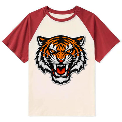 TIGER STRIPES FACE - fierce tiger face in orange, black and white , - Contrast Raglan T-shirt - Red