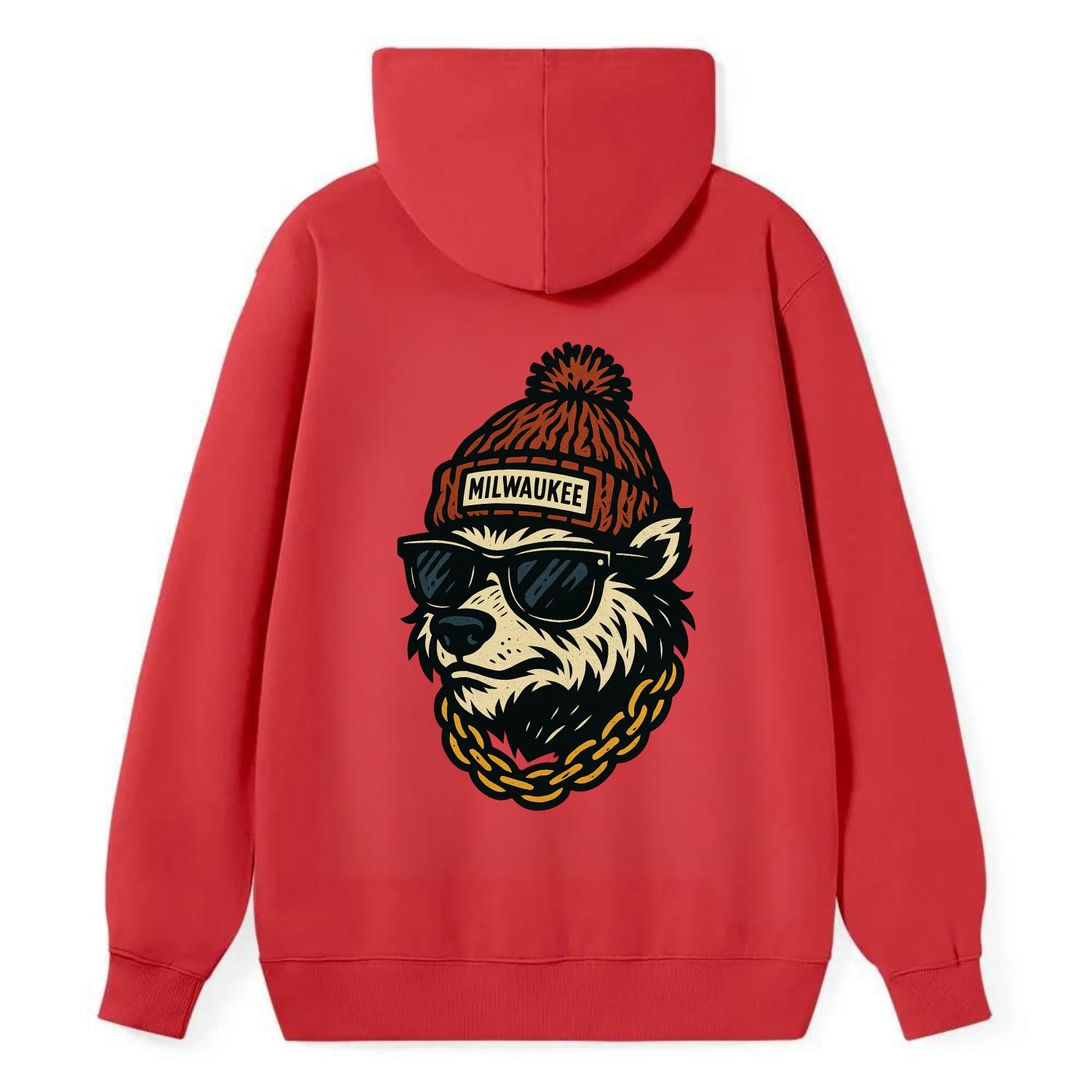 Milwaukee Badger wearing Milwaukee beanie with pom pom and wayfarer - Classic Pullover Hoodie - Red