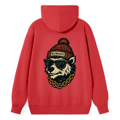 Milwaukee Badger wearing Milwaukee beanie with pom pom and wayfarer - Classic Pullover Hoodie - Red