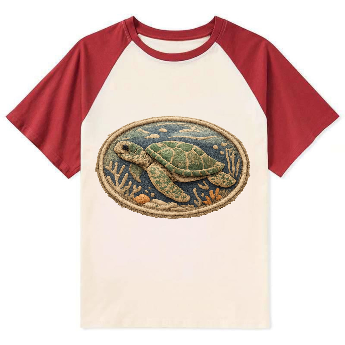 SEA TURTLE - swimming turtle in green and blue , ocean life - Contrast Raglan T-shirt - Red