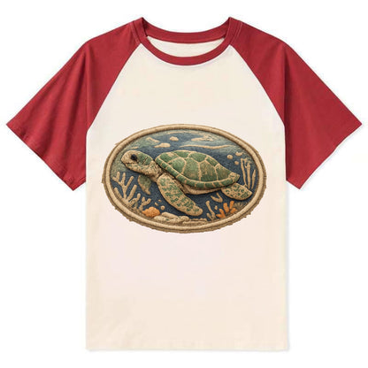 SEA TURTLE - swimming turtle in green and blue , ocean life - Contrast Raglan T-shirt - Red