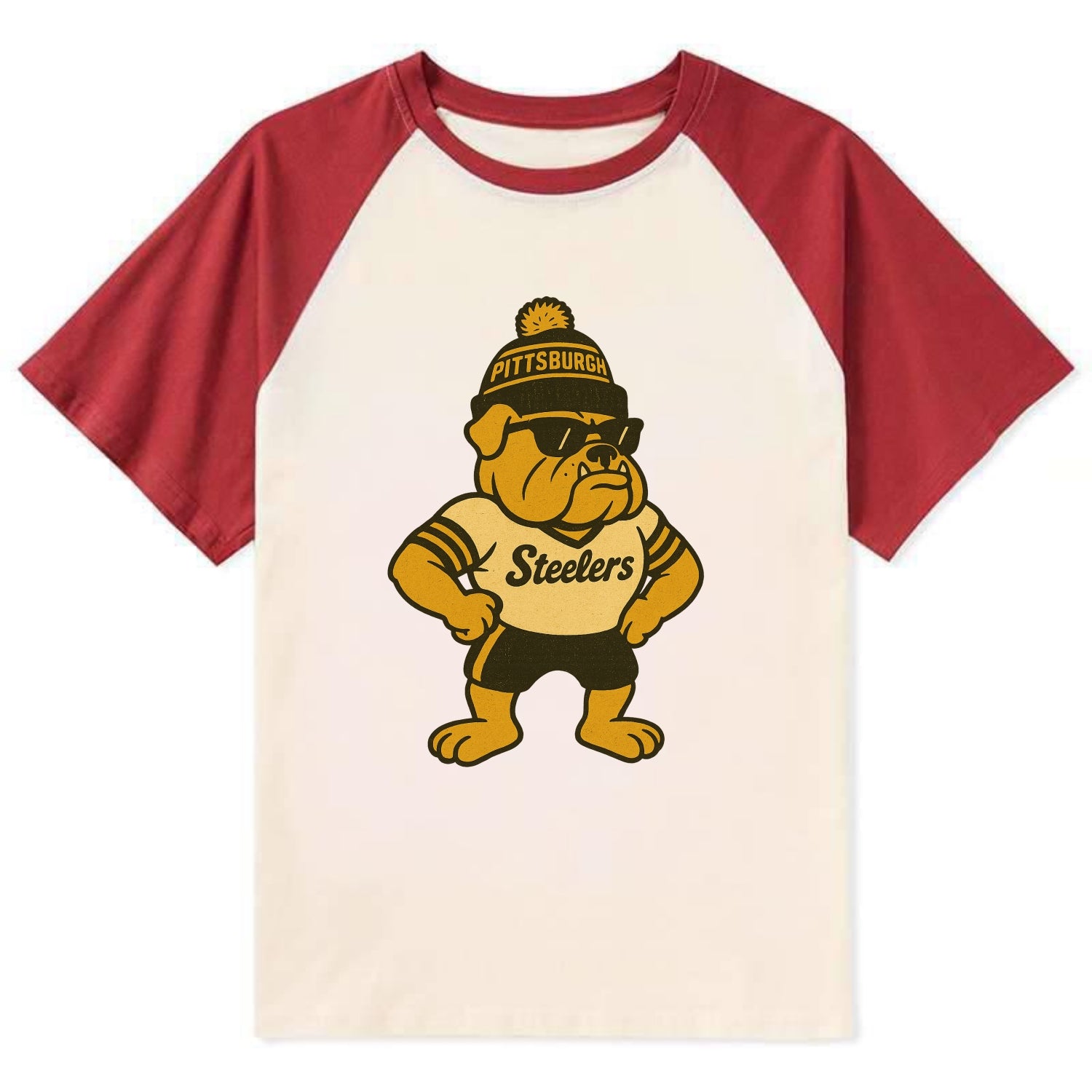 Pittsburgh Bulldog wearing Steelers black and gold beanie with pom pom - Contrast Raglan T-shirt - Red