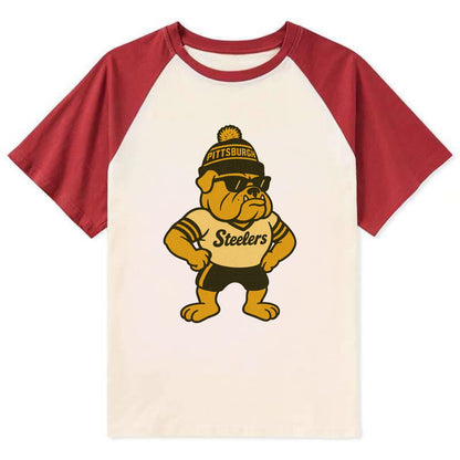 Pittsburgh Bulldog wearing Steelers black and gold beanie with pom pom - Contrast Raglan T-shirt - Red