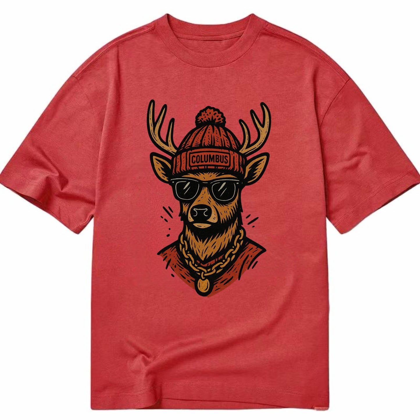 Columbus White-tailed Deer wearing Columbus beanie with pom pom and wayfarer - Classic T-shirt - Red