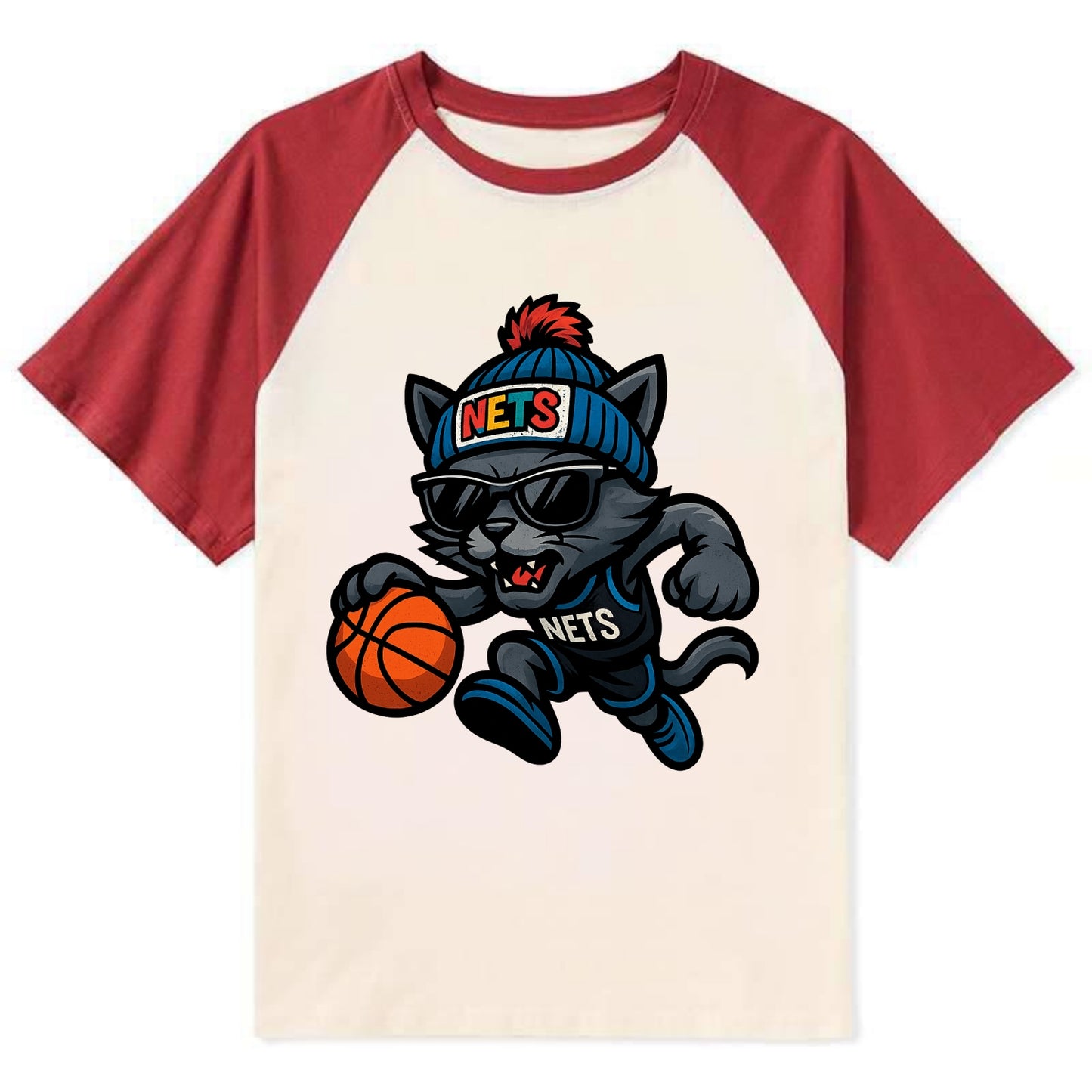 Brooklyn Cat wearing Nets beanie with street art patch and wayfarer - Contrast Raglan T-shirt - Red
