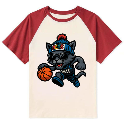 Brooklyn Cat wearing Nets beanie with street art patch and wayfarer - Contrast Raglan T-shirt