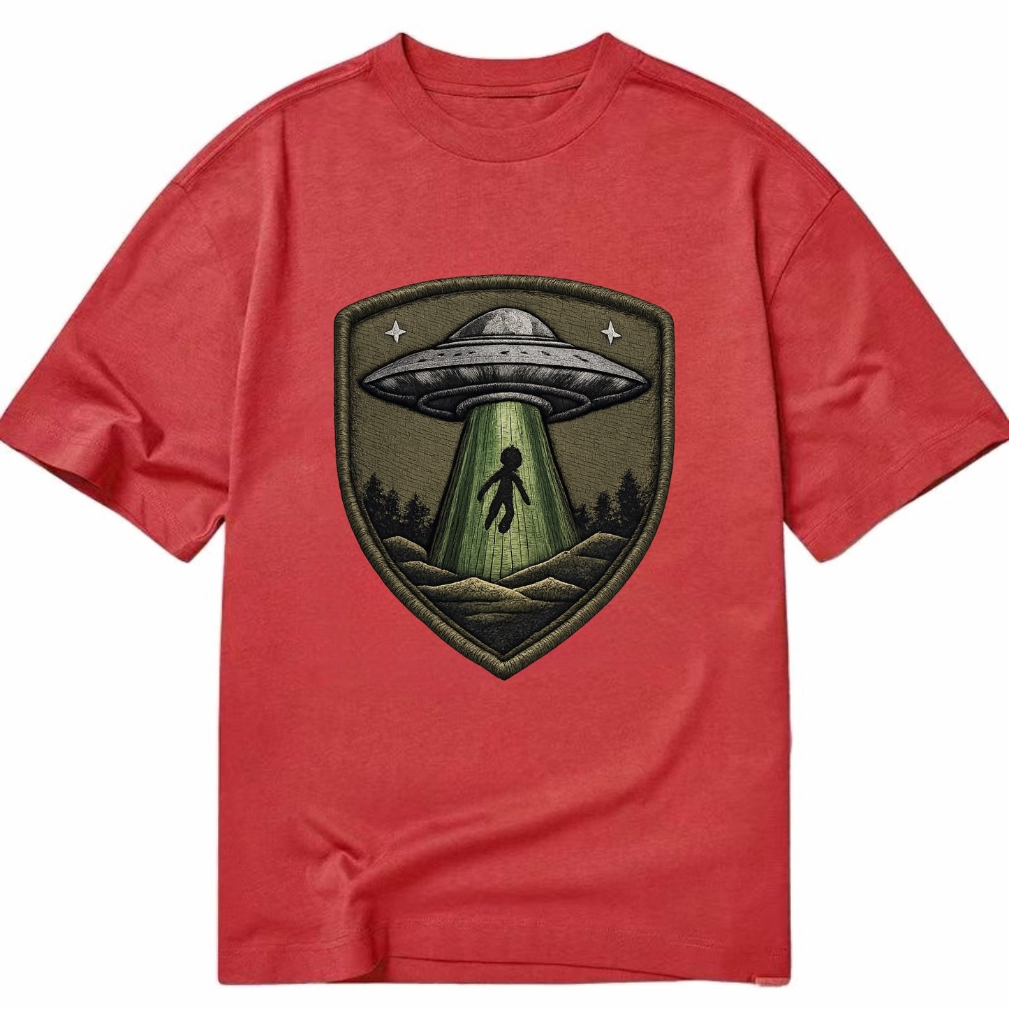 UFO ALIEN - flying saucer with beam in silver and green , extraterrestrial - Classic T-shirt - Red