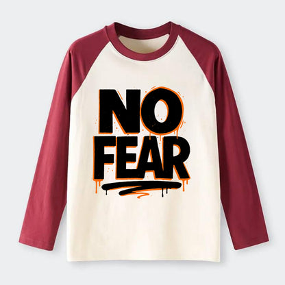 Bold typography design - "NO FEAR" - courage, bravery - Raglan Long Sleeve T-Shirt - Red