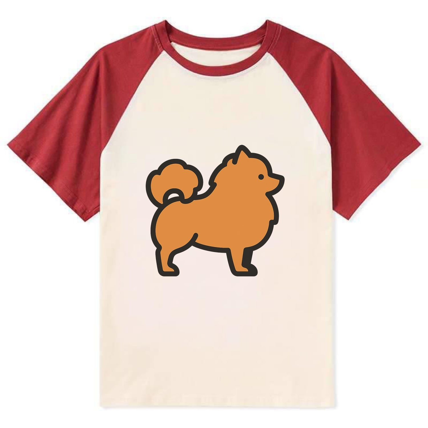 Pomeranian - Orange fluffy flat side profile - Contrast Raglan T-shirt - Red
