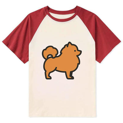 Pomeranian - Orange fluffy flat side profile - Contrast Raglan T-shirt - Red