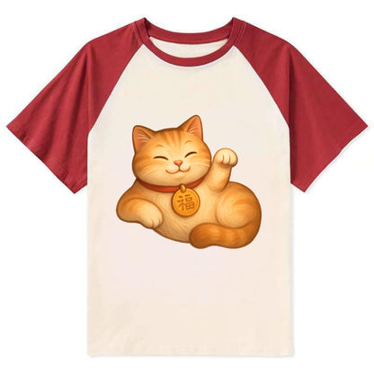 Maneki Neko Pose - Contrast Raglan T-shirt - Red