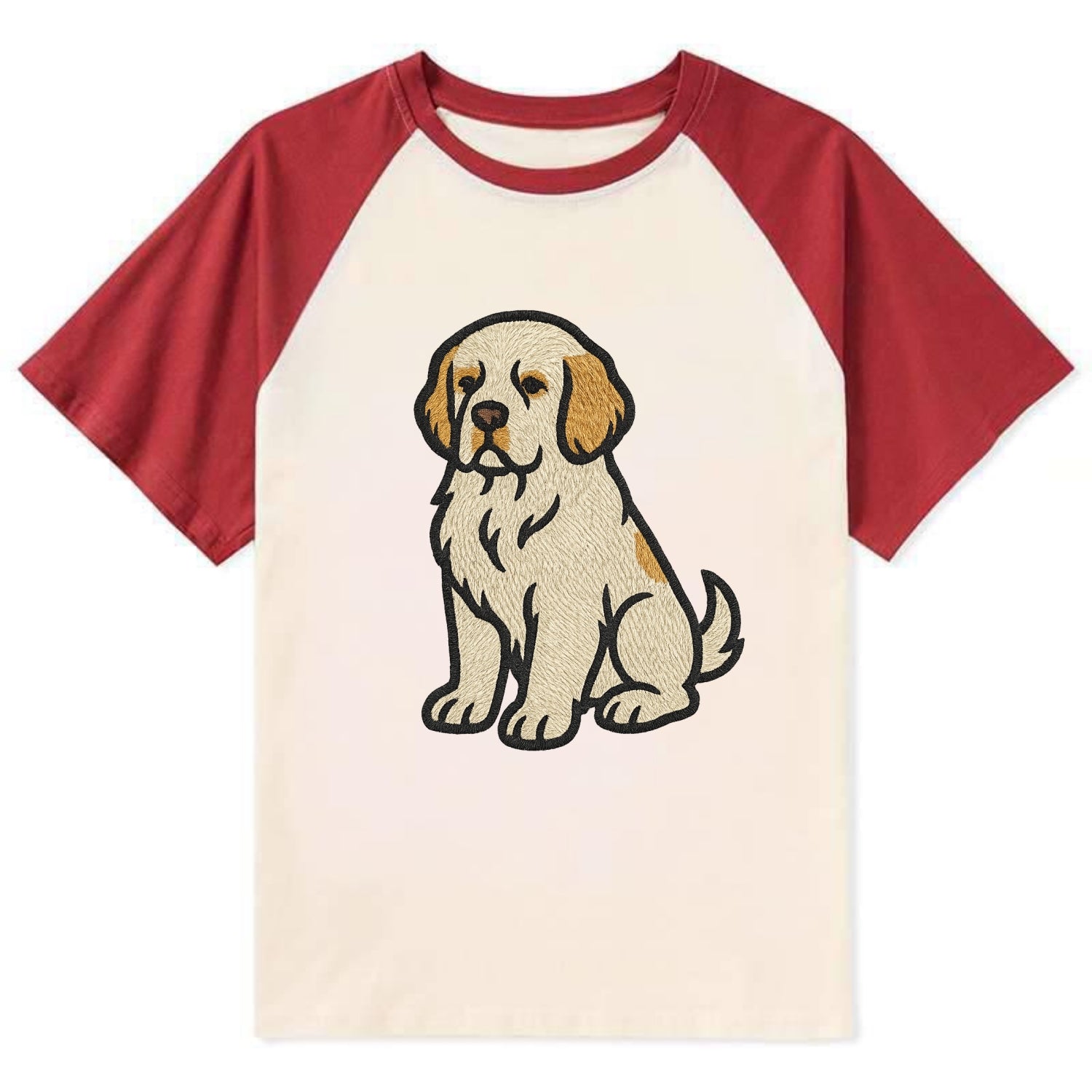 Clumber Spaniel - White with lemon markings embroidered pose - Contrast Raglan T-shirt - Red