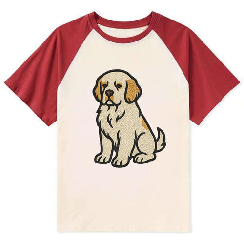 Clumber Spaniel - White with lemon markings embroidered pose - Contrast Raglan T-shirt