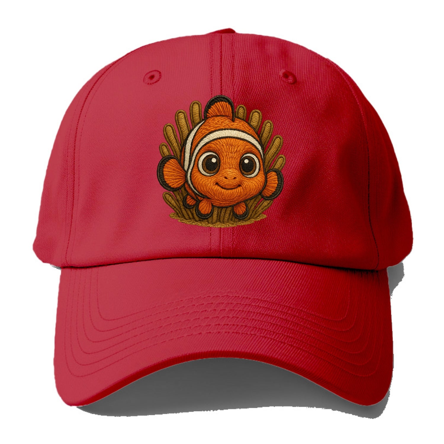 Baby Clownfish - orange with white stripes, big round eyes, front-facing in anemone, - Baseball Cap - Red