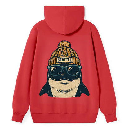 Seattle Orca wearing Seattle beanie with pom pom and wayfarer sunglasses - Classic Pullover Hoodie - Red