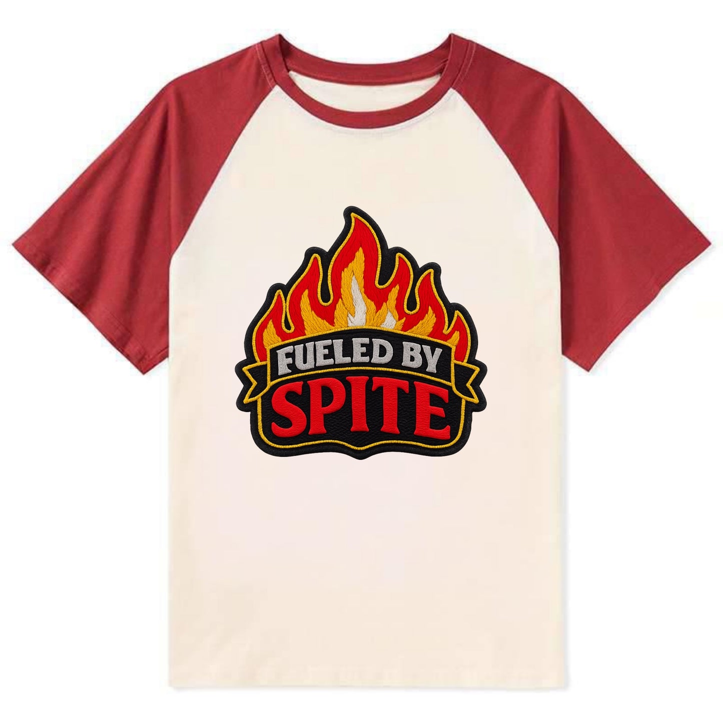 FUELED BY SPITE - fire with text in black and red , petty motivation - Contrast Raglan T-shirt - Red