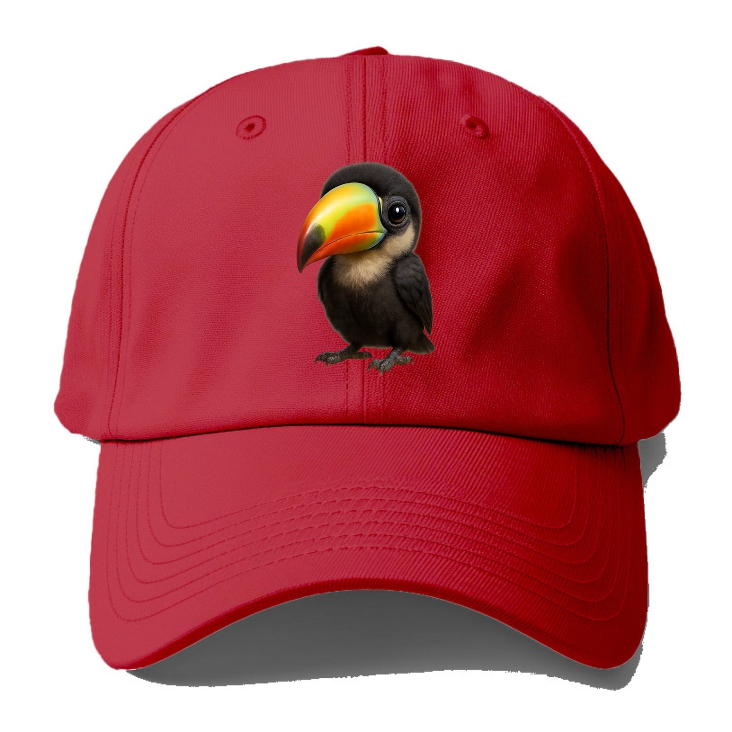 Baby Toucan - oversized colorful beak, black feathers, bright eyes, front-facing, - Baseball Cap - Red