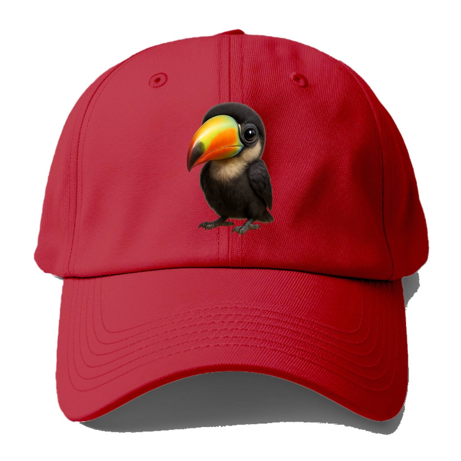 Baby Toucan - oversized colorful beak, black feathers, bright eyes, front-facing, - Baseball Cap - Red