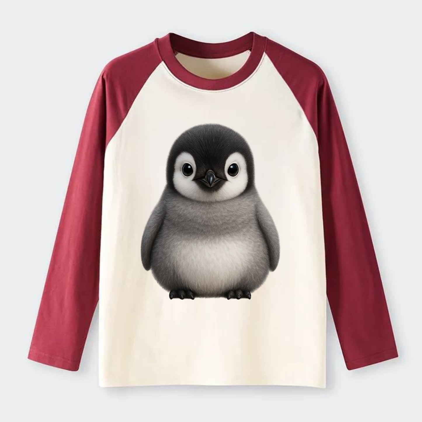 Baby Adelie Penguin - black and white, round body, curious eyes, - Raglan Long Sleeve T-Shirt - Red