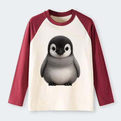 Baby Adelie Penguin - black and white, round body, curious eyes, - Raglan Long Sleeve T-Shirt - Red