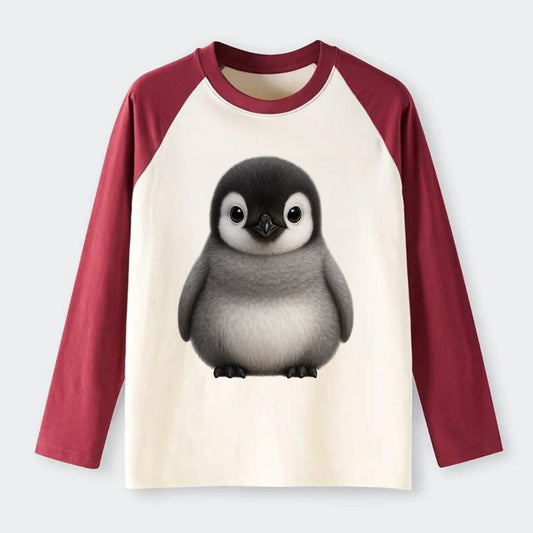 Baby Adelie Penguin - black and white, round body, curious eyes, - Raglan Long Sleeve T-Shirt - Red