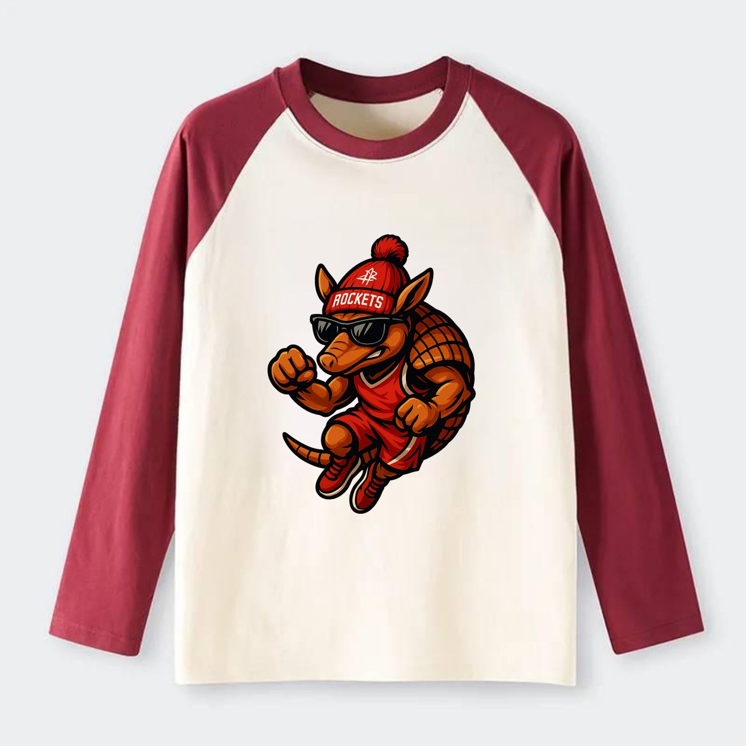 Houston Armadillo wearing Rockets red and silver beanie with rocket - Raglan Long Sleeve T-Shirt - Red