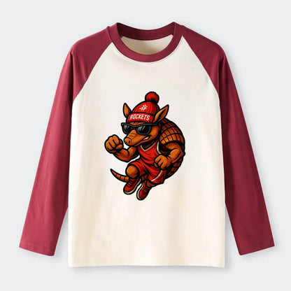 Houston Armadillo wearing Rockets red and silver beanie with rocket - Raglan Long Sleeve T-Shirt - Red