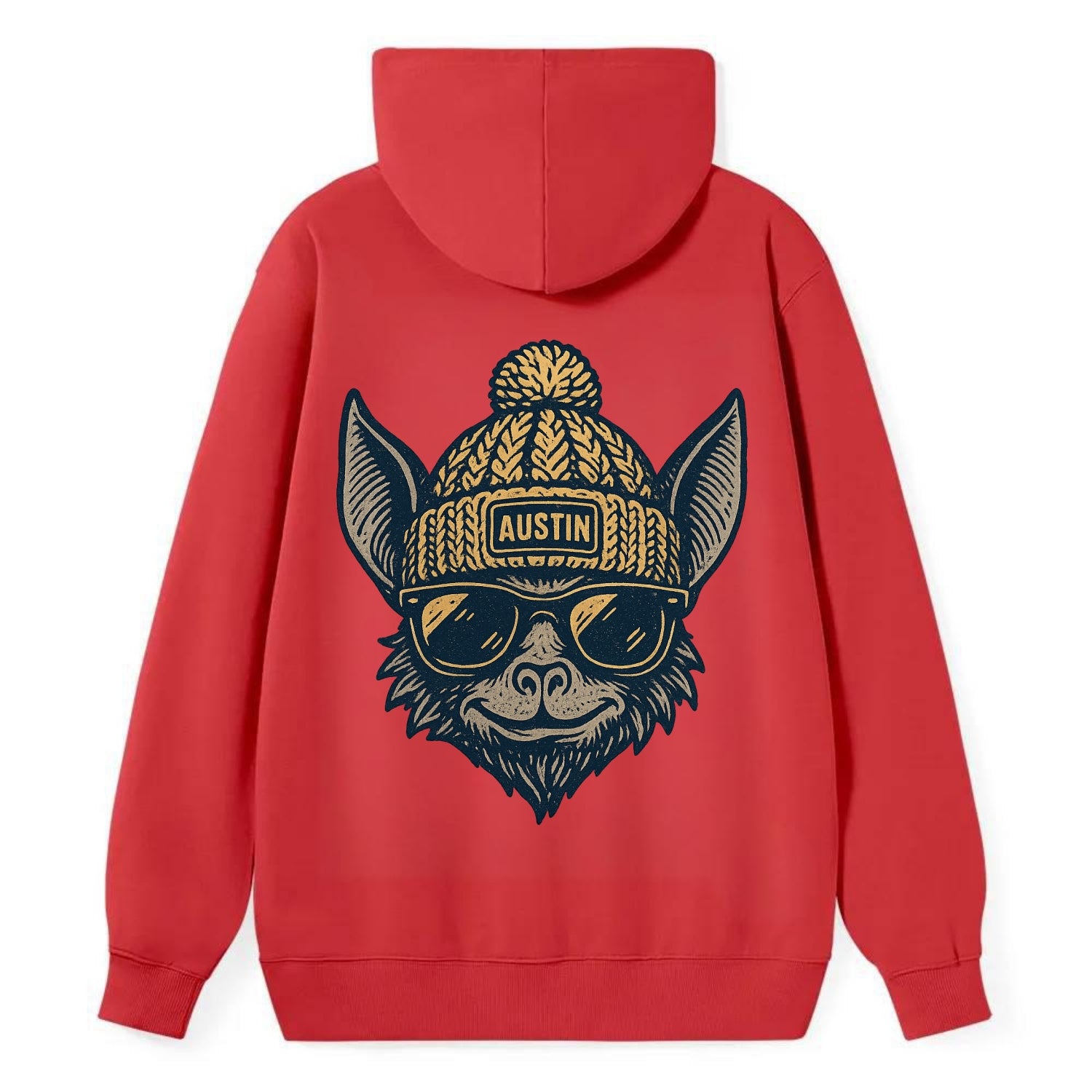 Austin Bat wearing Austin beanie with pom pom and wayfarer sunglasses - Classic Pullover Hoodie - Red