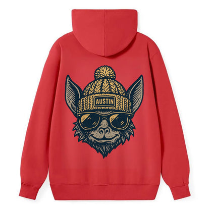 Austin Bat wearing Austin beanie with pom pom and wayfarer sunglasses - Classic Pullover Hoodie - Red