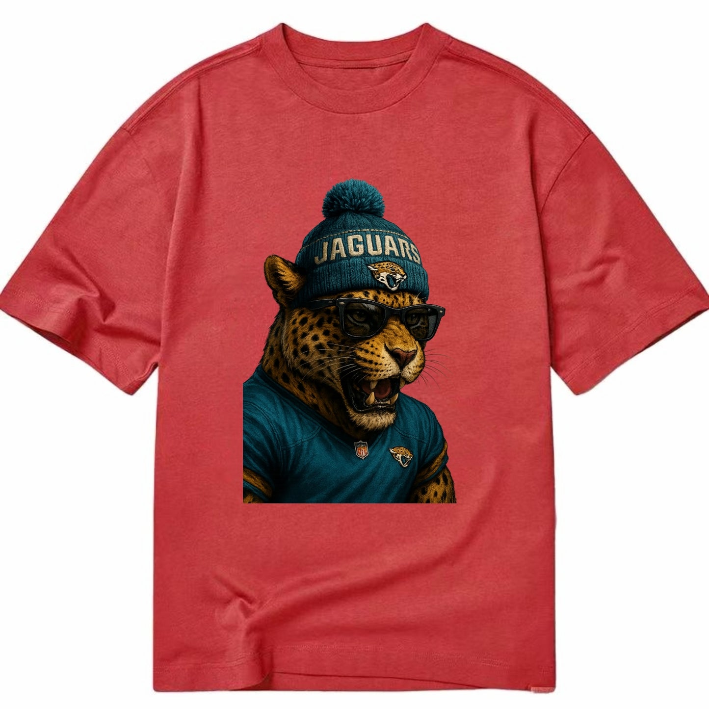 Jacksonville Jaguar wearing Jaguars teal and gold beanie with pom pom and - Classic T-shirt - Red