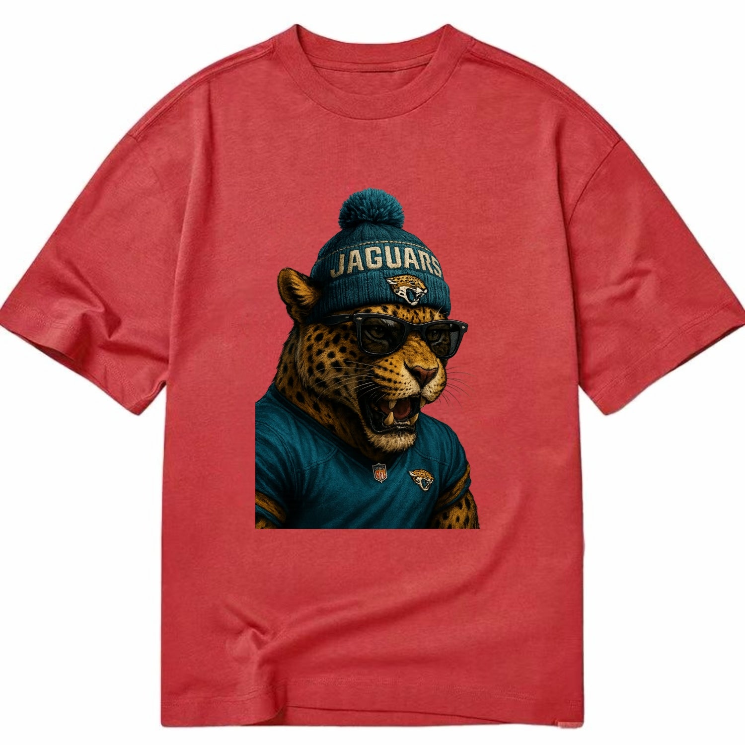 Jacksonville Jaguar wearing Jaguars teal and gold beanie with pom pom and - Classic T-shirt - Red