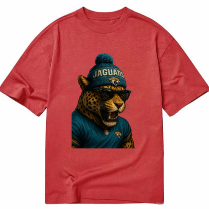 Jacksonville Jaguar wearing Jaguars teal and gold beanie with pom pom and - Classic T-shirt - Red