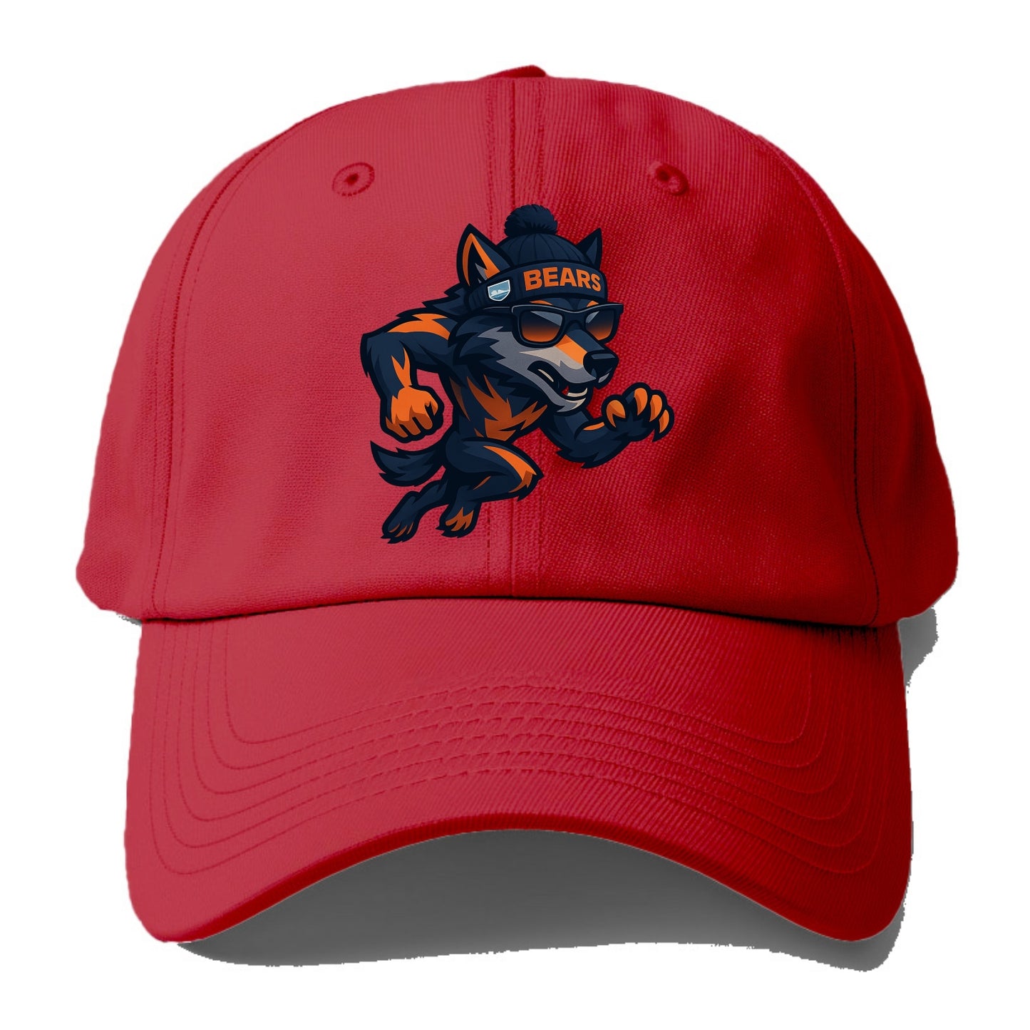 Chicago Wolf wearing Bears beanie with Lake Michigan patch and wayfarer sunglasses - Baseball Cap - Red