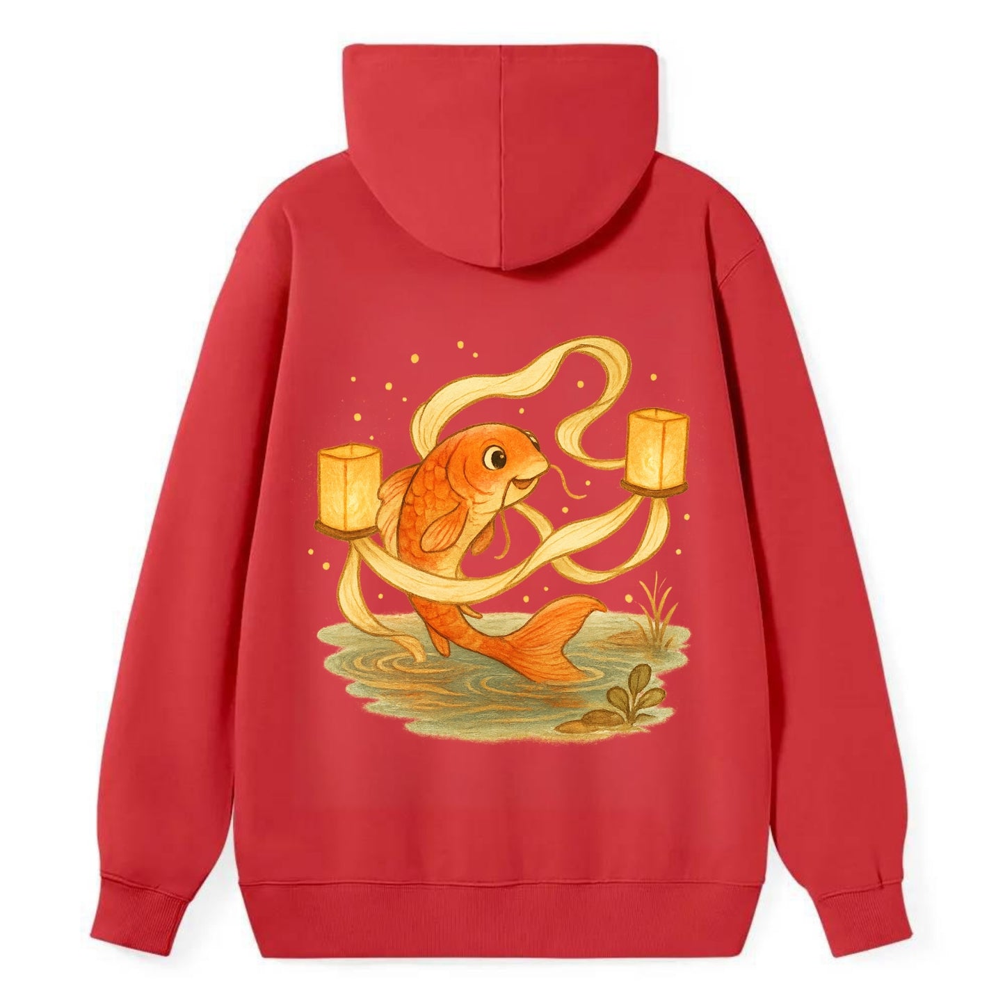 Koi weaving silk streamers through floating lanterns on tranquil water - Classic Pullover Hoodie - Red