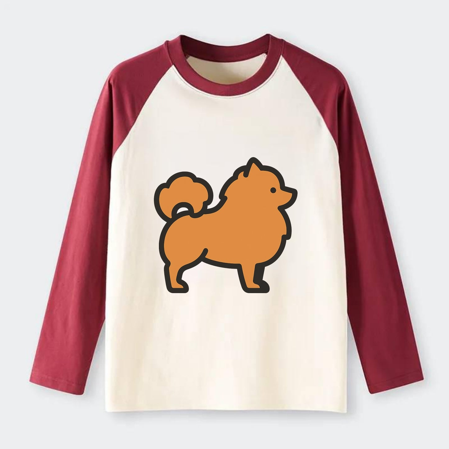 Pomeranian - Orange fluffy flat side profile - Raglan Long Sleeve T-Shirt - Red