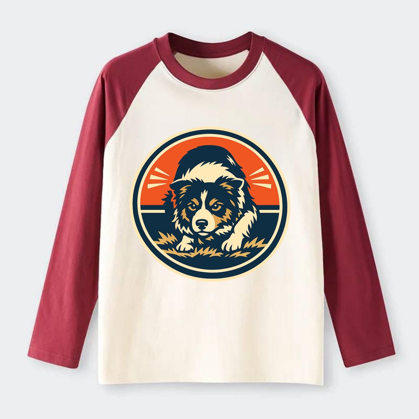 Focused Border Collie Emblem - Raglan Long Sleeve T-Shirt - Red