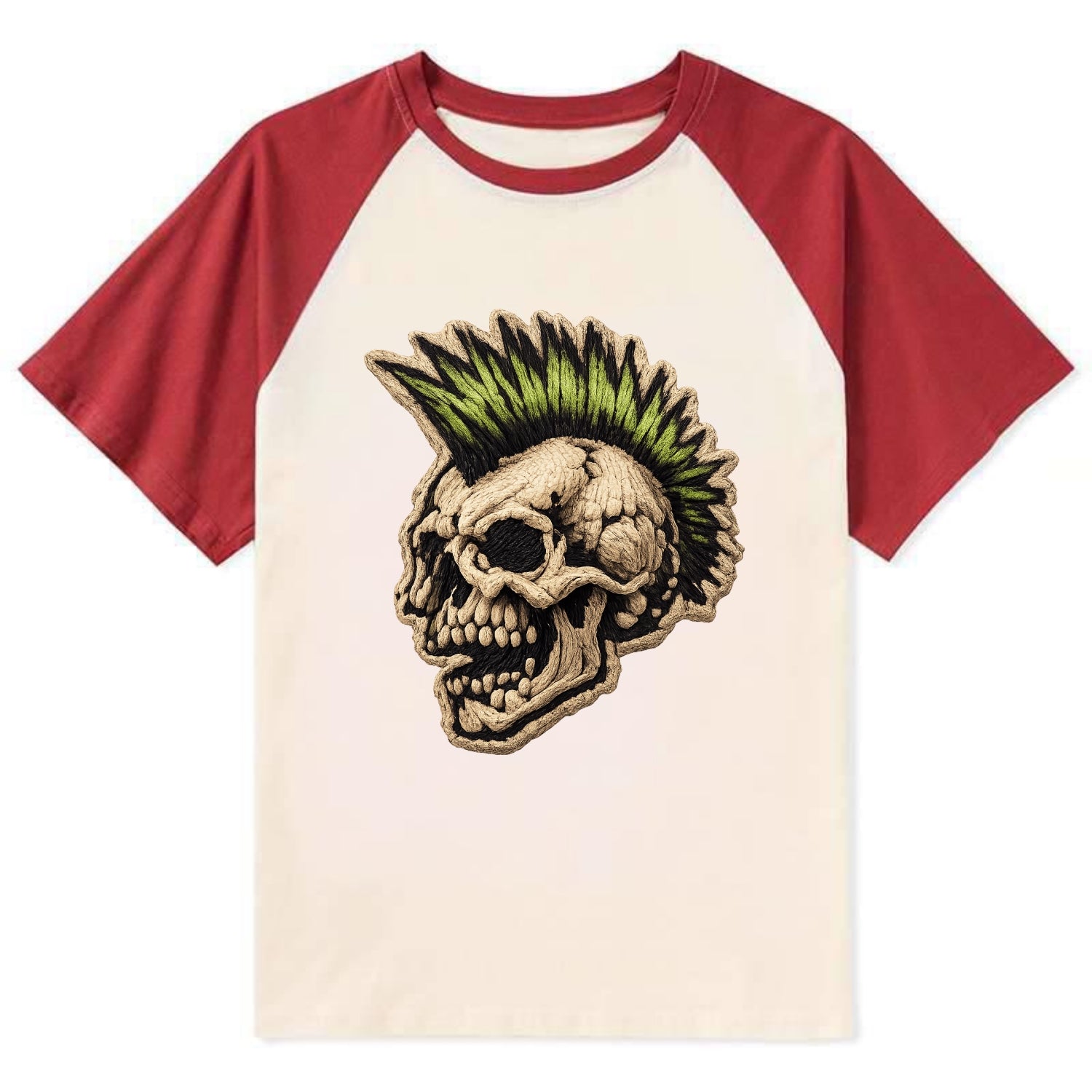 MOHAWK SKULL - punk skull with mohawk in neon green and black , punk rock - Contrast Raglan T-shirt - Red