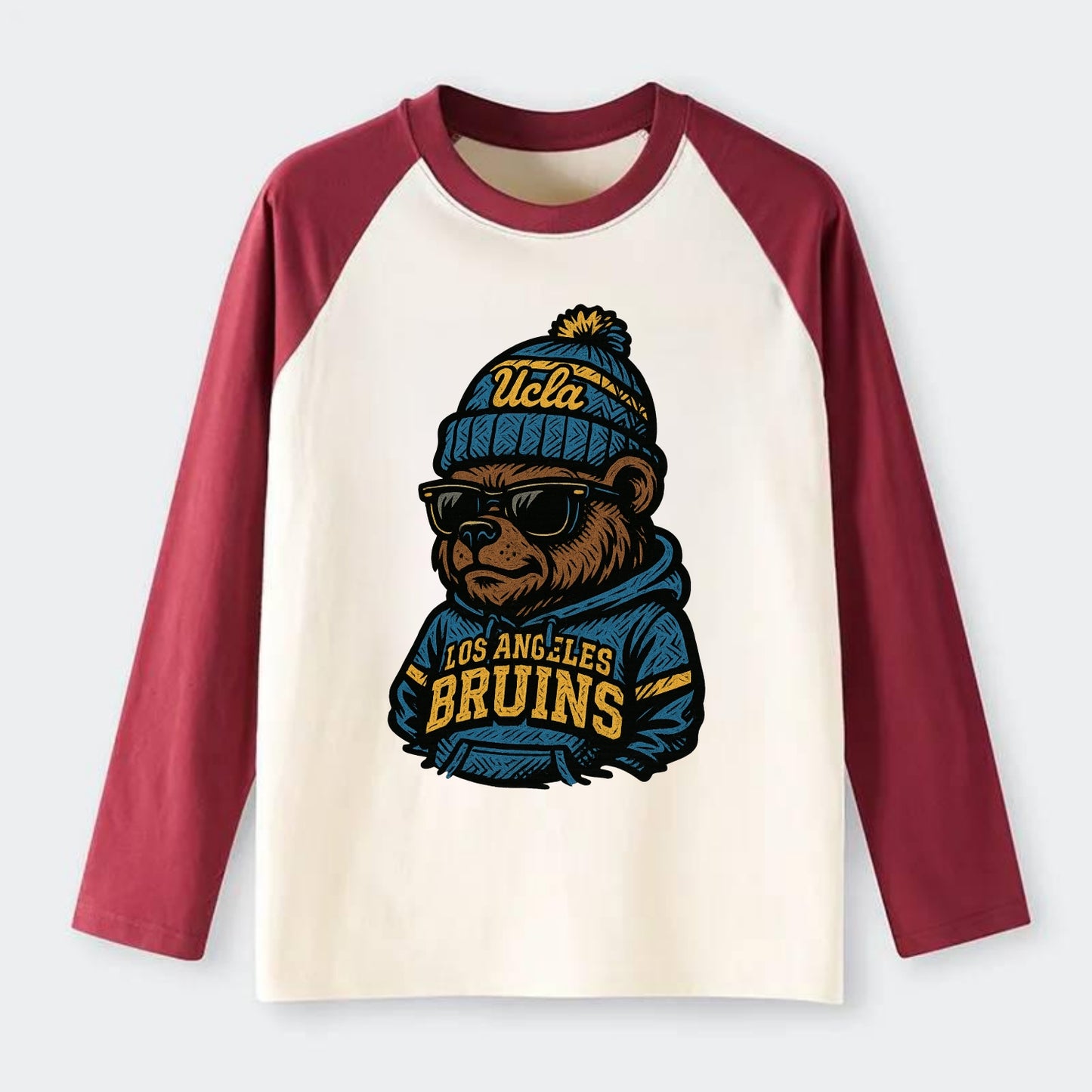 Los Angeles Bruin wearing UCLA beanie with script patch - Raglan Long Sleeve T-Shirt - Red