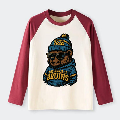 Los Angeles Bruin wearing UCLA beanie with script patch - Raglan Long Sleeve T-Shirt - Red