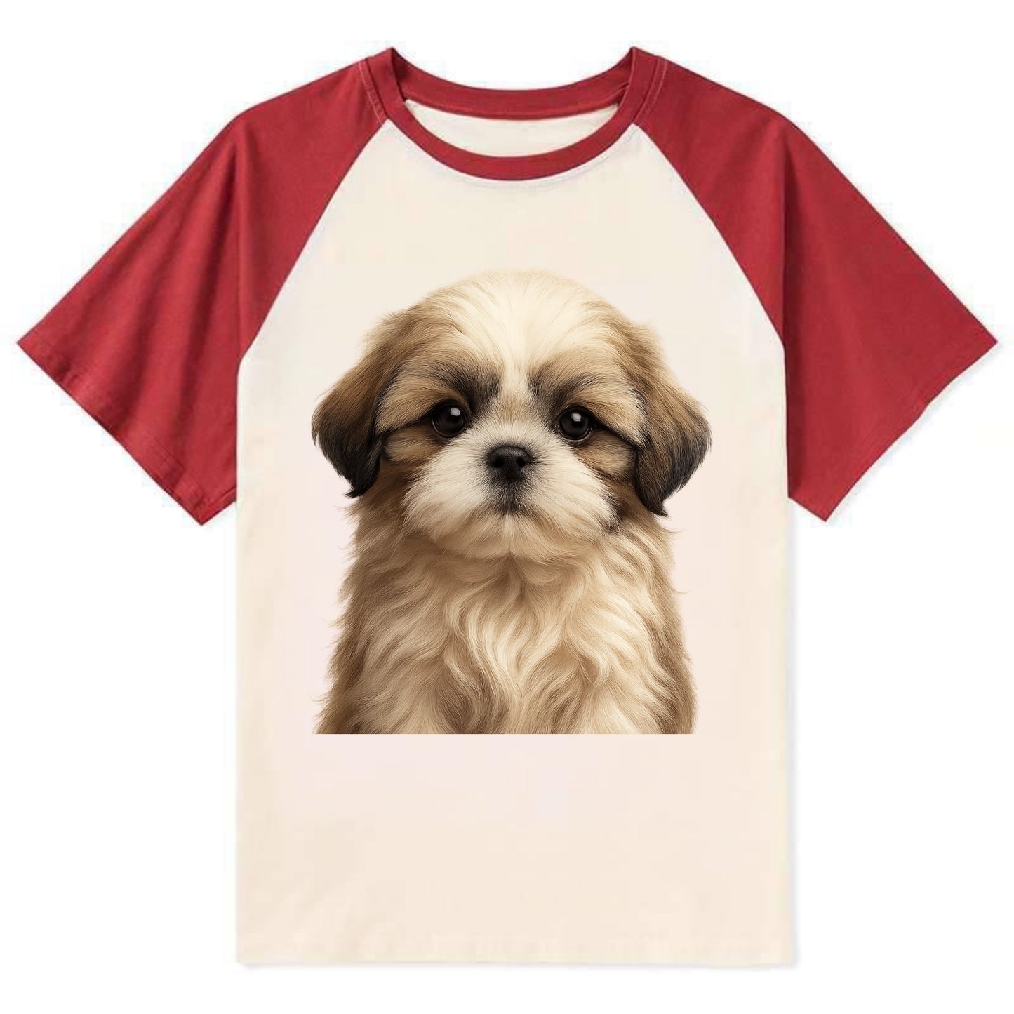 Baby Shih Tzu Puppy - long flowing coat, flat face, big dark eyes, - Contrast Raglan T-shirt - Red