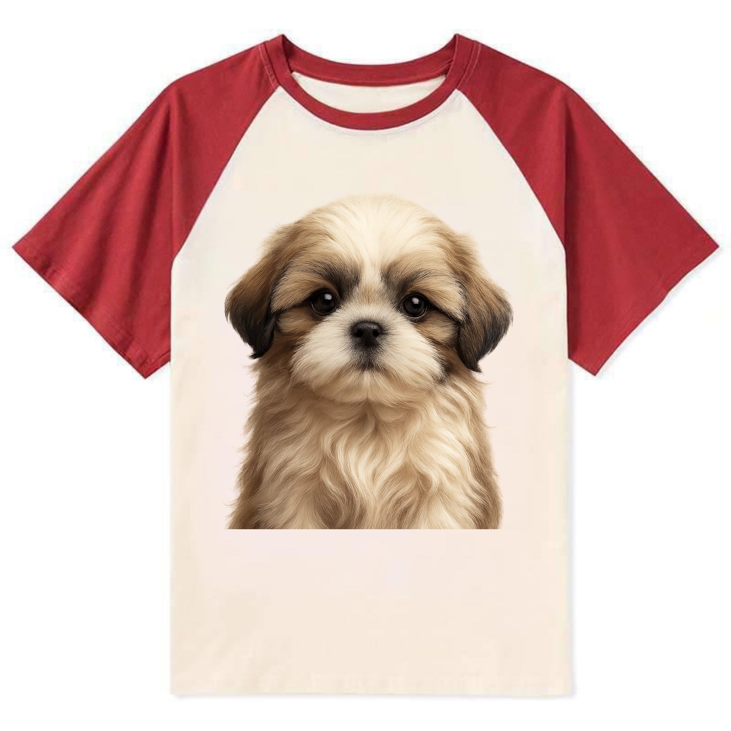 Baby Shih Tzu Puppy - long flowing coat, flat face, big dark eyes, - Contrast Raglan T-shirt - Red