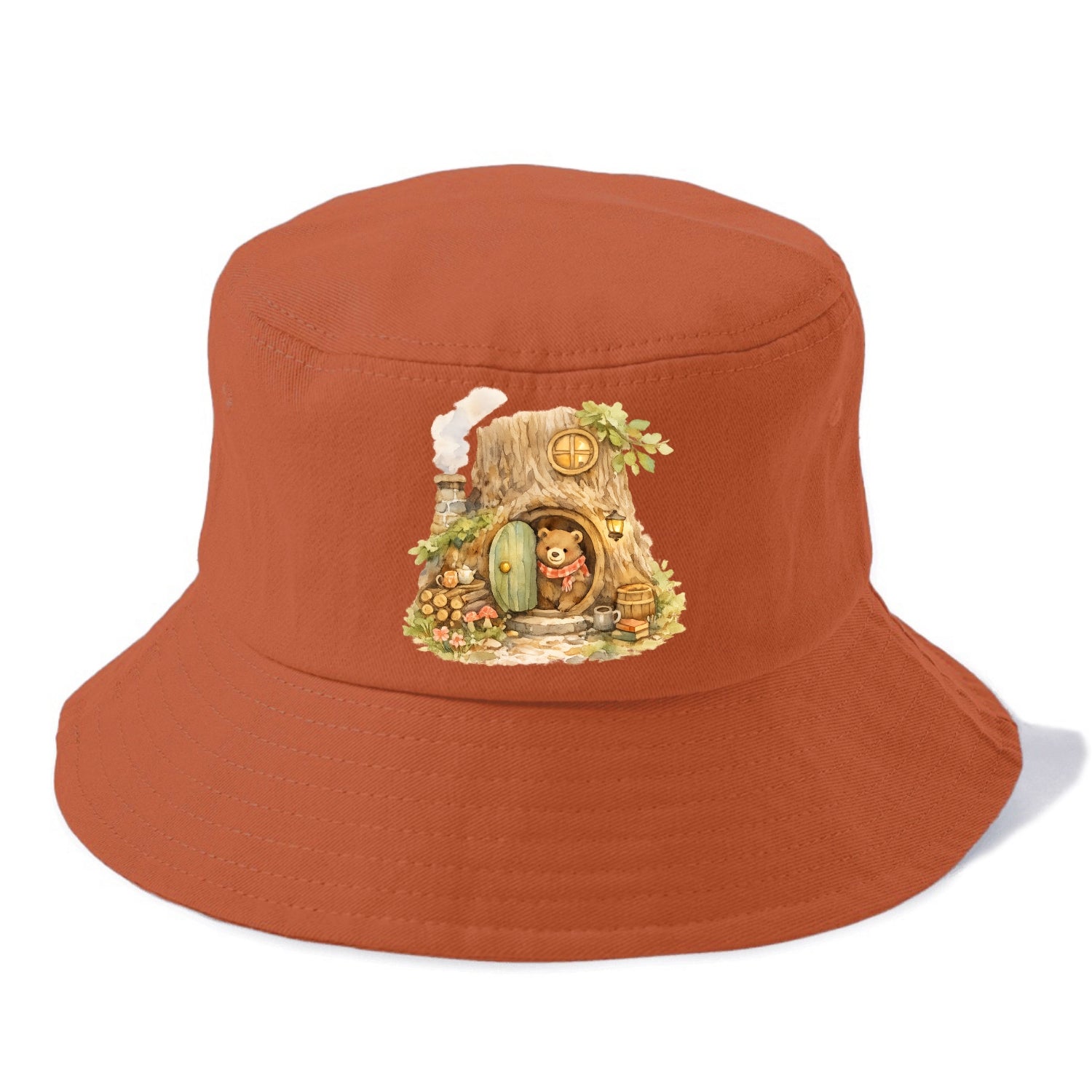 TREE HOME | Bear's home in hollow tree | Round door | Chimney smoke | Woodland - Bucket Hat - Red