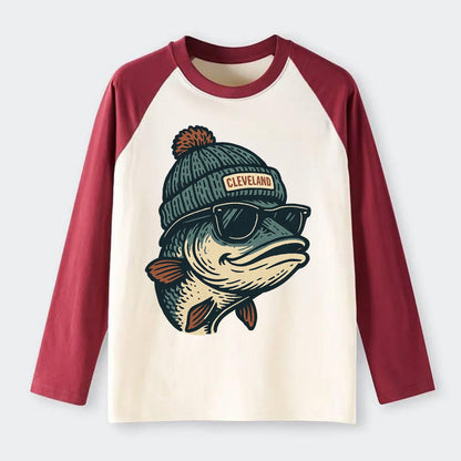 Cleveland Lake Erie Walleye wearing Cleveland beanie with pom pom and - Raglan Long Sleeve T-Shirt - Red