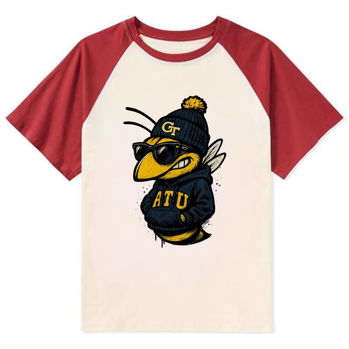 Atlanta Yellow Jacket wearing Georgia Tech beanie with GT patch - Contrast Raglan T-shirt - Red