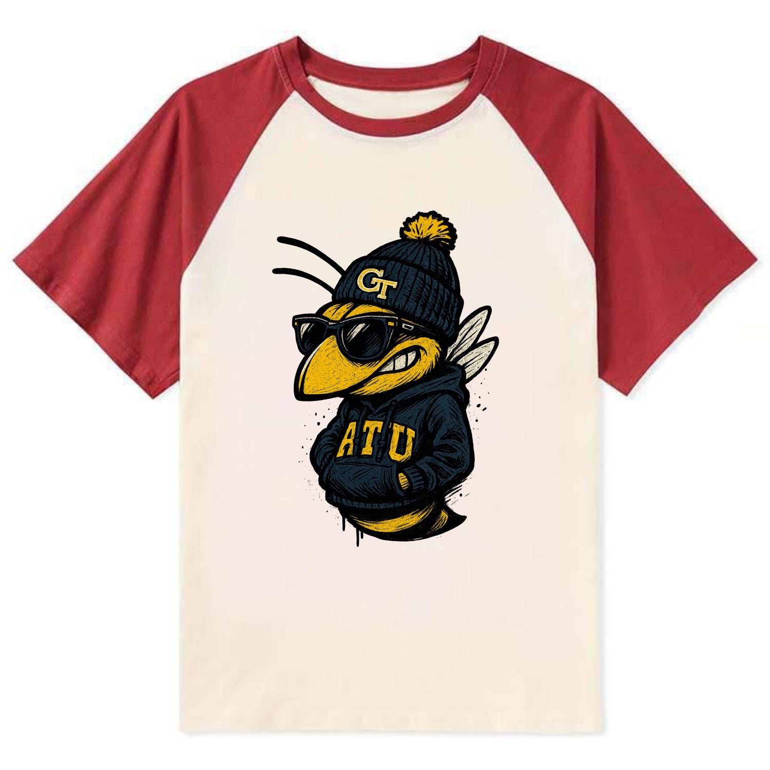 Atlanta Yellow Jacket wearing Georgia Tech beanie with GT patch - Contrast Raglan T-shirt - Red