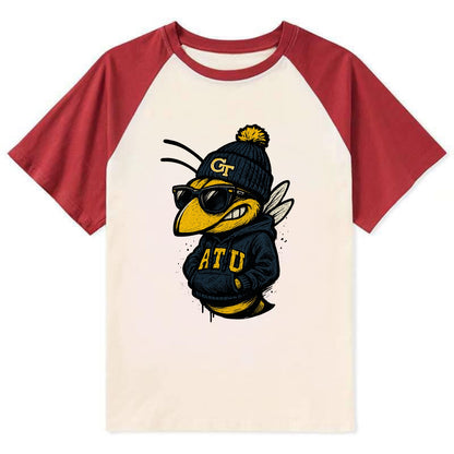 Atlanta Yellow Jacket wearing Georgia Tech beanie with GT patch - Contrast Raglan T-shirt - Red