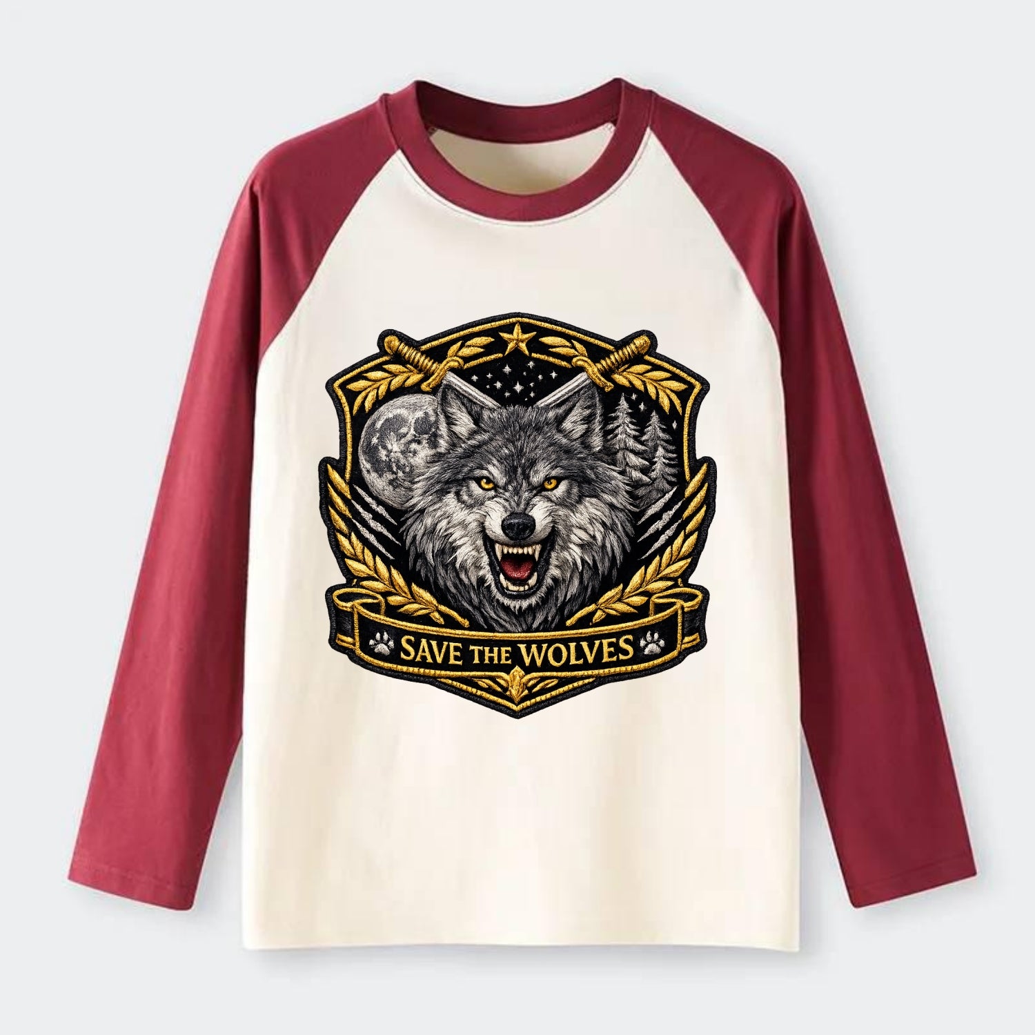 SAVE THE WOLVES - wolf moon in gray , predator protection - Raglan Long Sleeve T-Shirt - Red